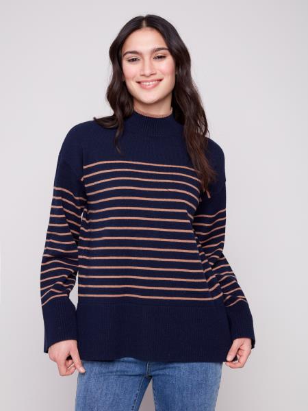 Yarn Dyed Striped Mock Neck Sweater