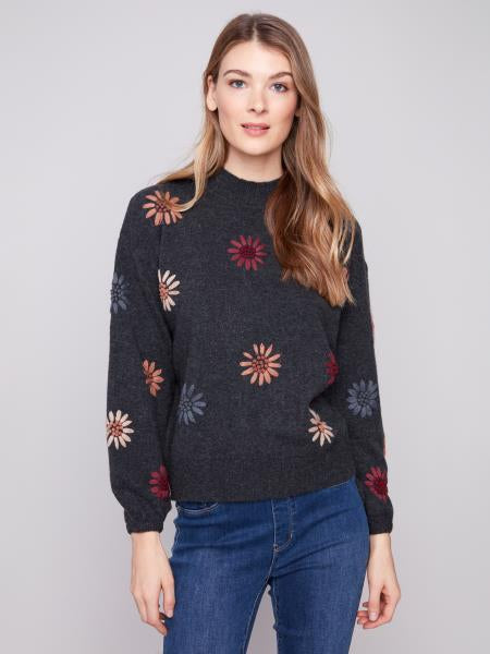 Mock Neck Floral Embroidery Sweater