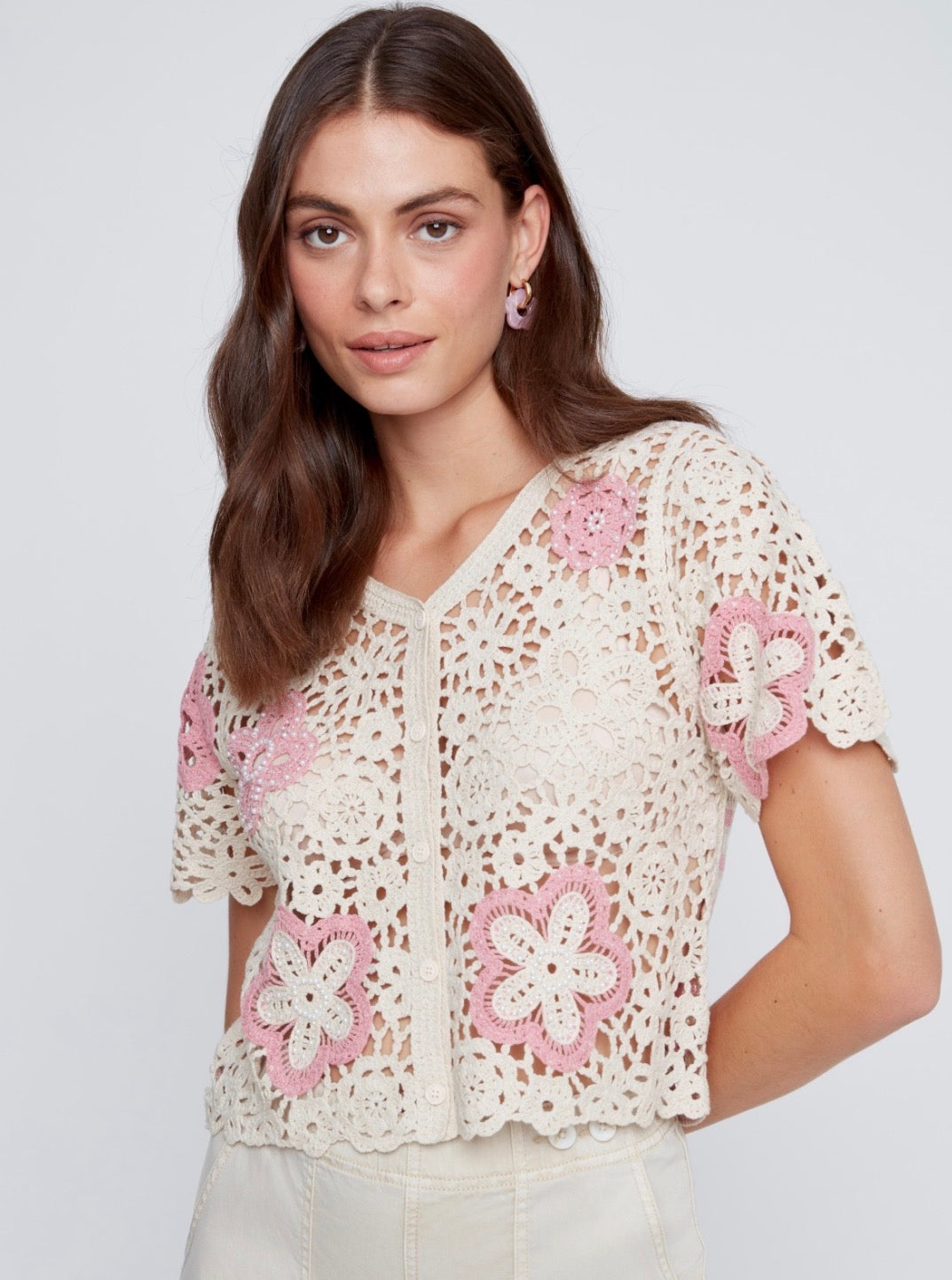 Knit Flower Button Up Top