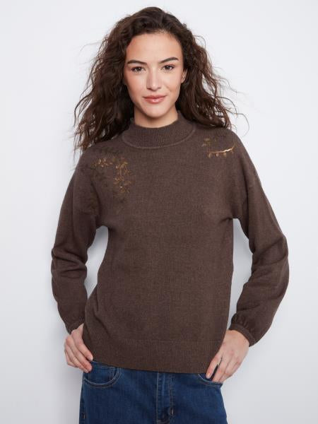 Mock Neck Sweater W/Sequin Embroidery