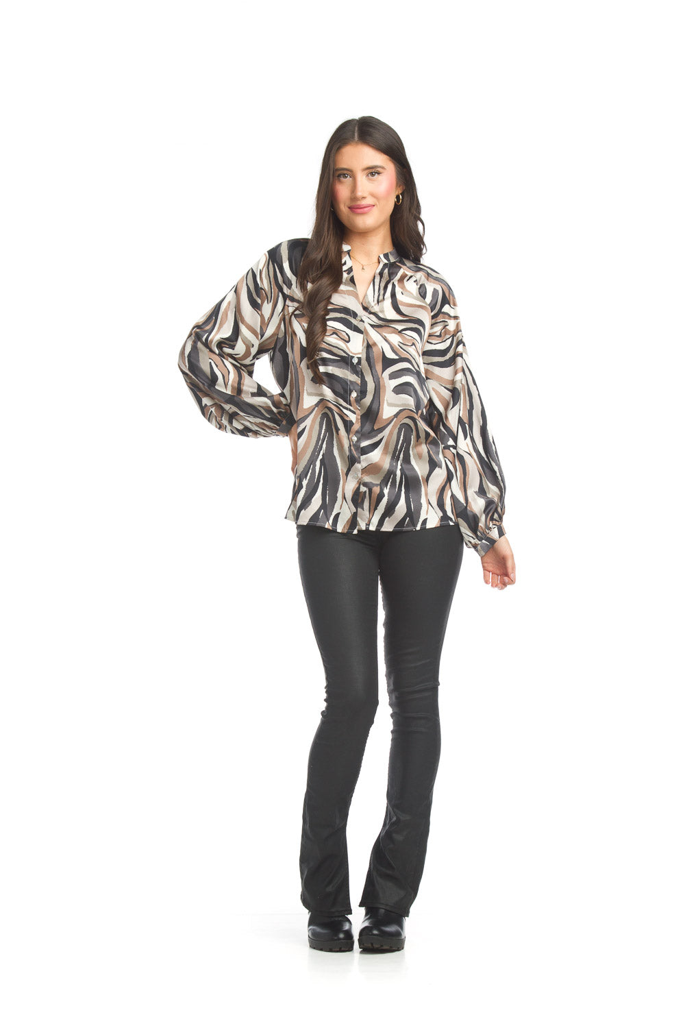 Satin Abstract Button Front Blouse