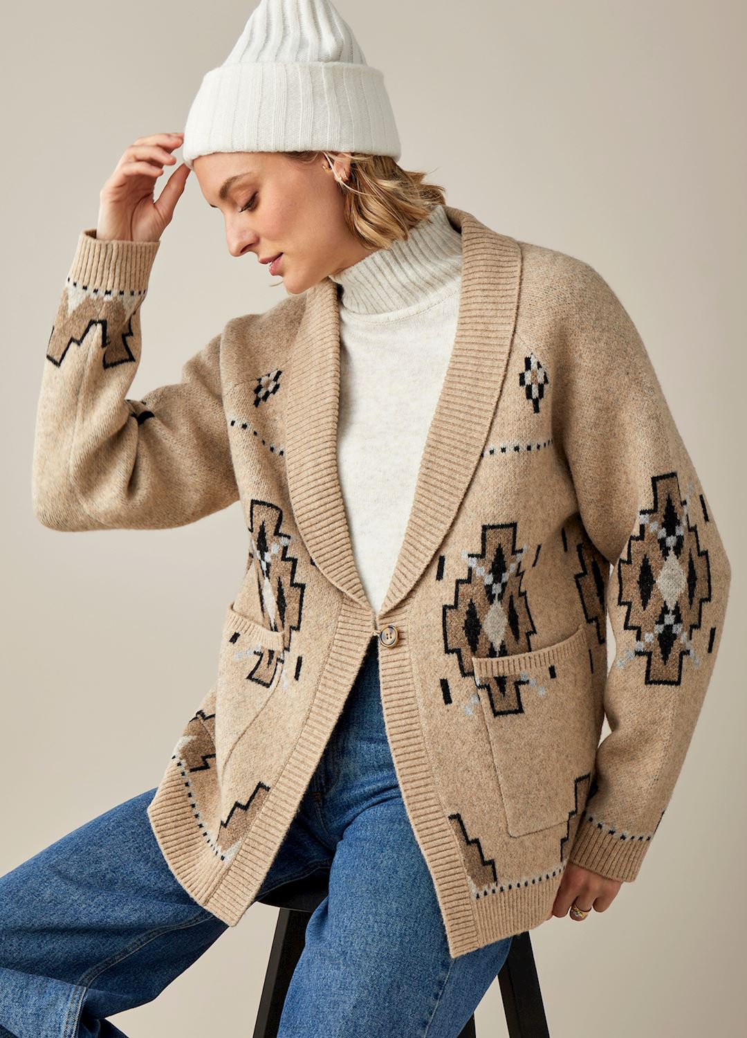 Short Brown & White Aztec Cardigan