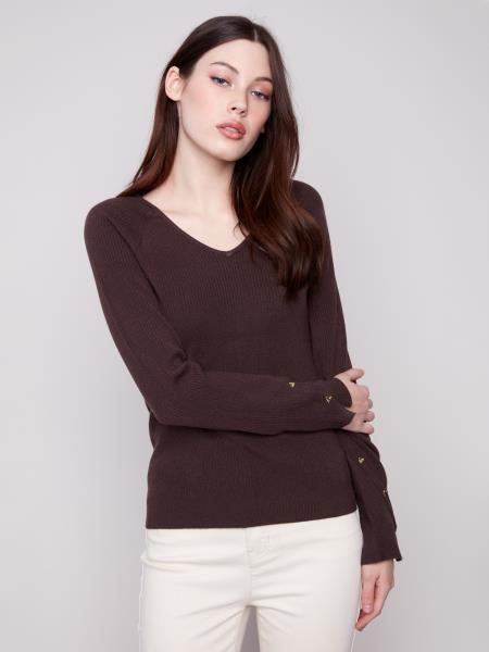 Ribbed V-Neck Sweater W/ Heart