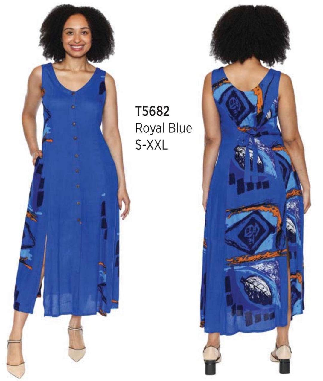 Sleeveless Flowy Royal Blue Patterned Dress