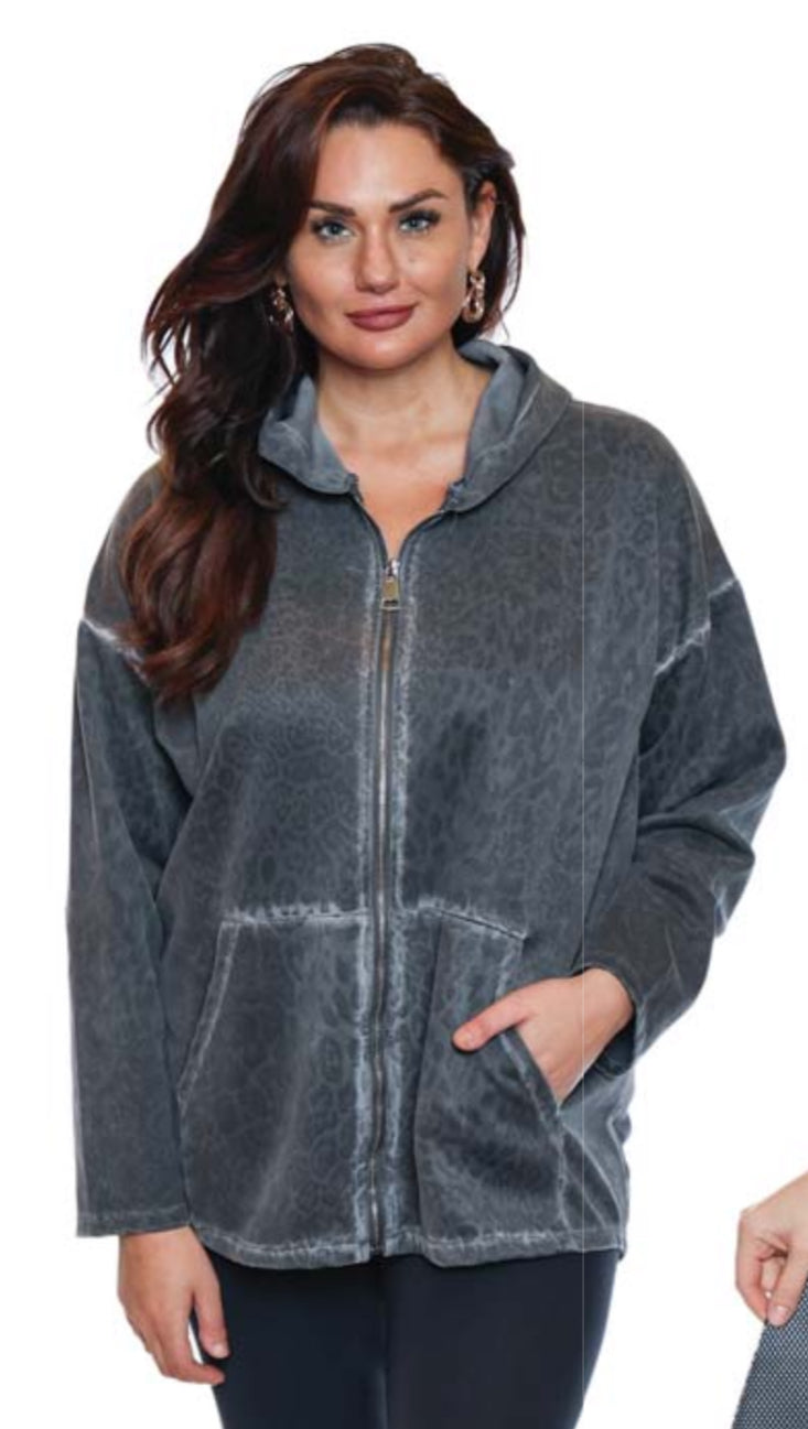 Grey Leopard Hooded Zip Up Top