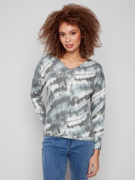 Printed V-Neck Drop Shoulder Top
