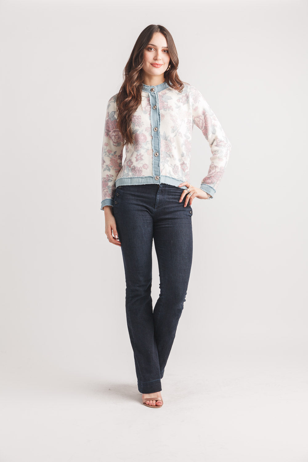 Knit Floral Jacket W/Denim Trim