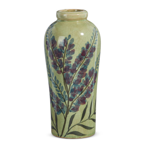 10” Painted Floral Green Vase