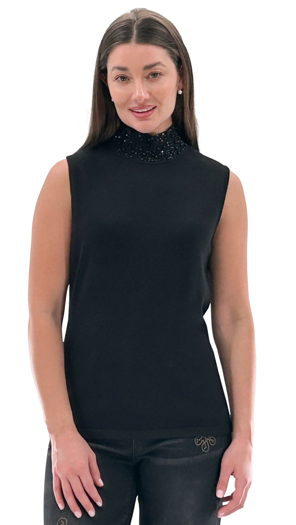 Sleeveless Bedazzled Mock Neck Top