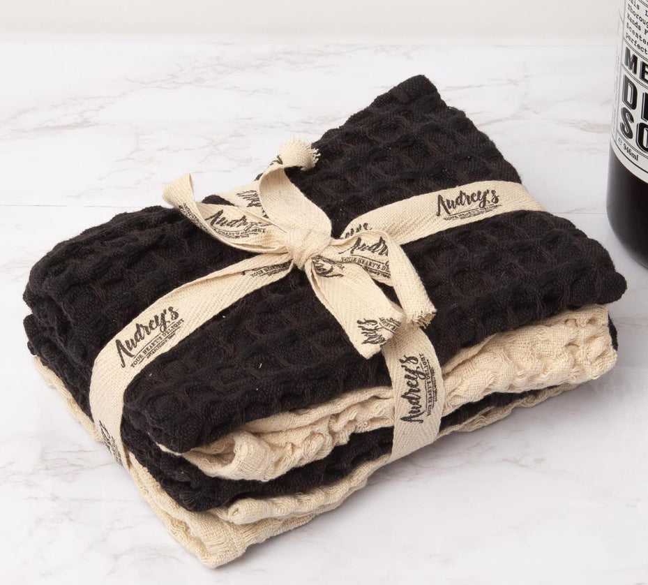 4pc Black & Taupe Chunky Waffle Cloth