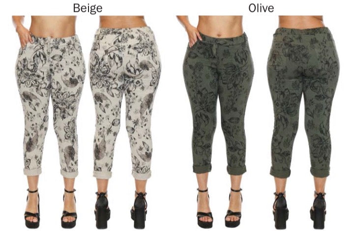 Floral Print Crinkle Pull On Pant