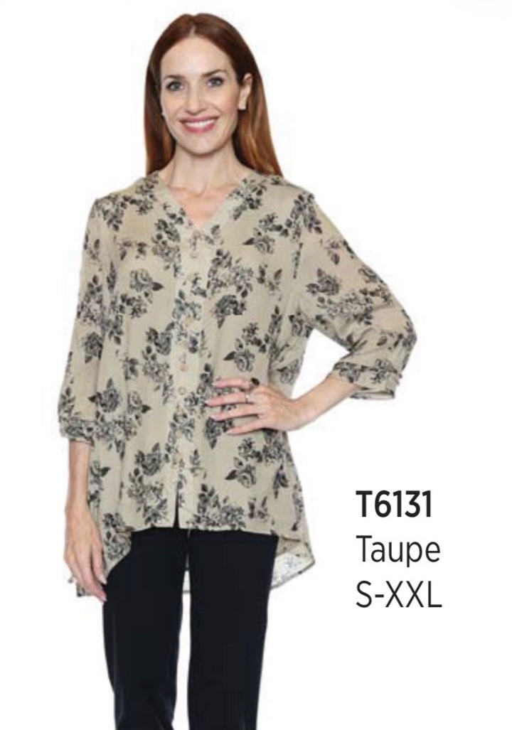 3/4 Sleeve Taupe Flowy Blouse W/Collar