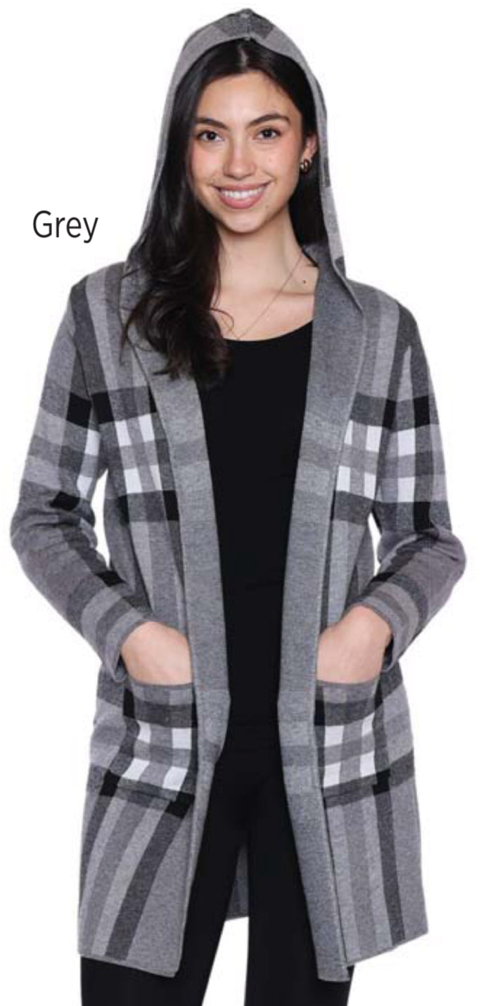 Grey Plaid Hooded Cardigan