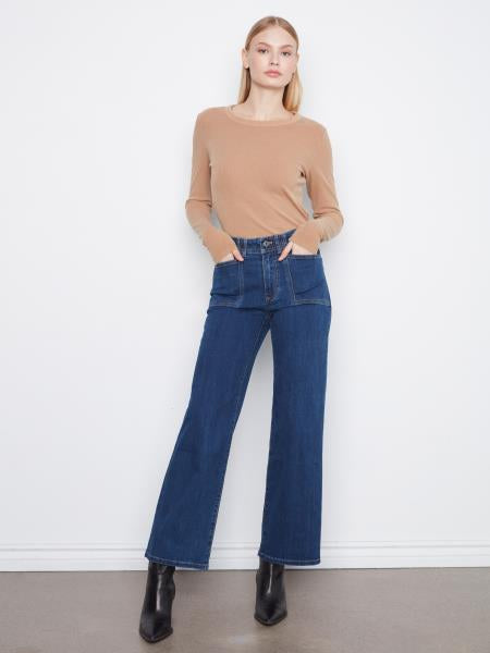 Wide Leg Stretch Denim Pant W/Patch Pockets