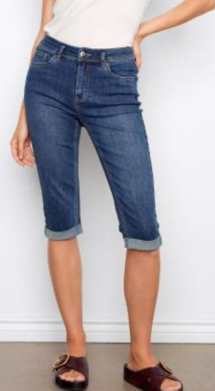 Stretch Denim Capri W/Cuffed Hem