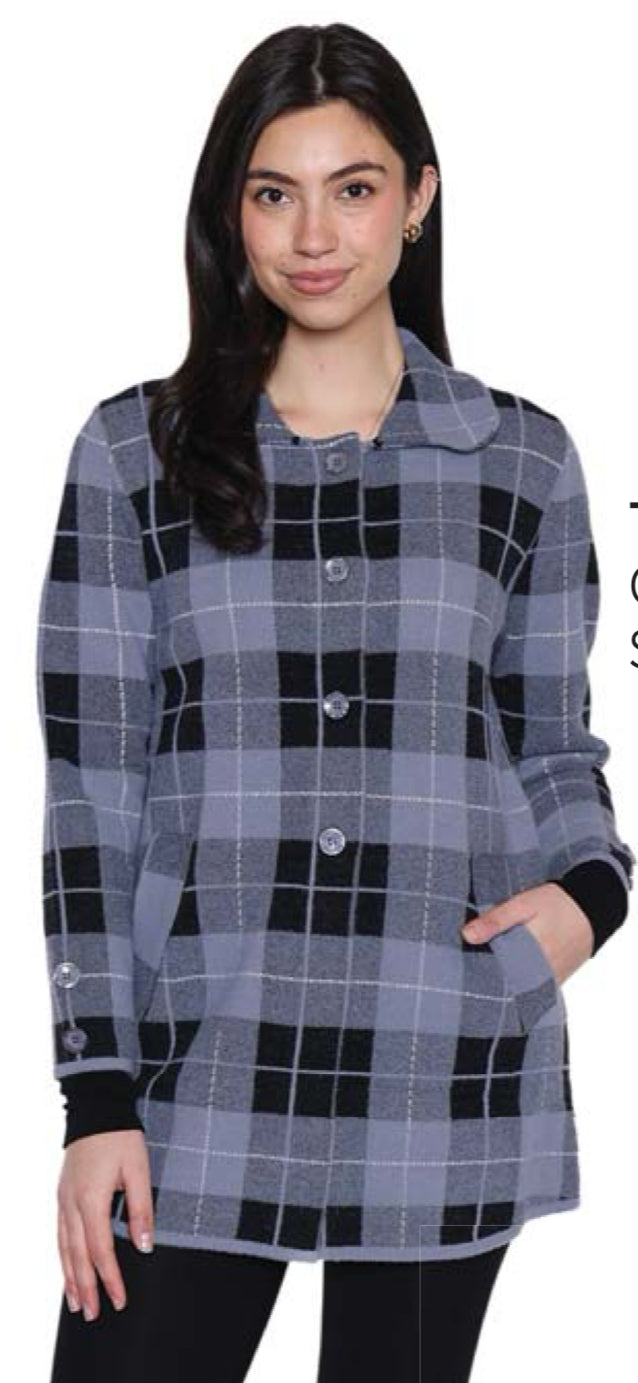 Grey & Black Plaid Button Cardigan