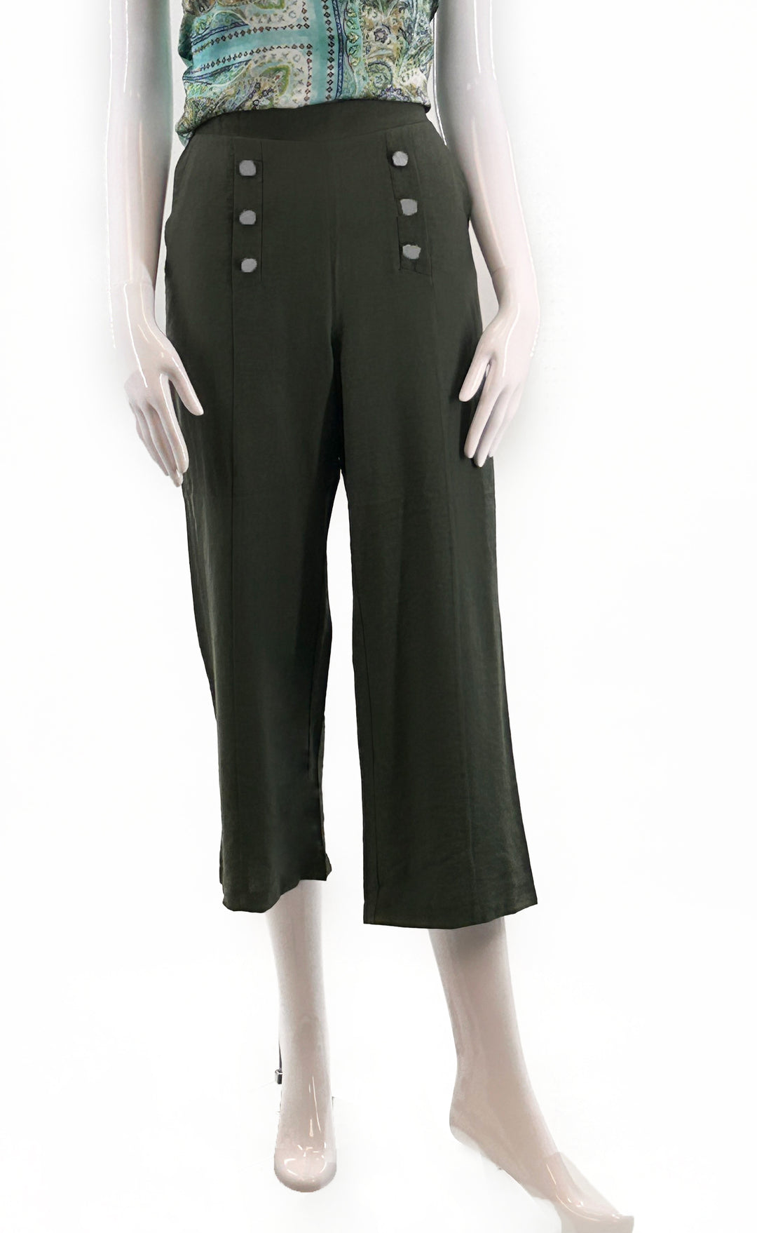 Flowy Khaki Capri Pant W/Button Detail