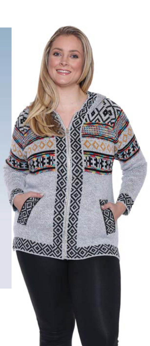 Grey Aztec Zip Up Sweater