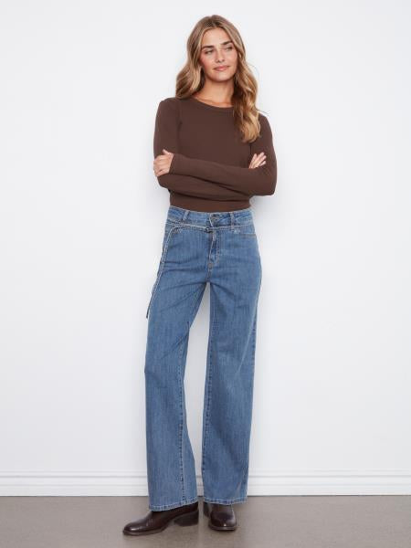 Stretch Denim Wide Leg Belted Pant