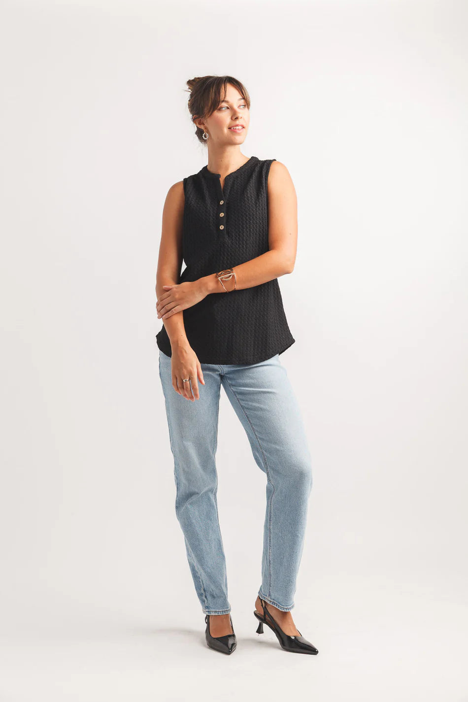 Textured Henley Sleeveless Top