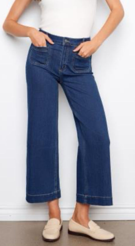 Stretch Denim Cropped Flare Leg Patch Pocket