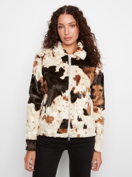 Long Sleeve Fur Jacket Cow Print