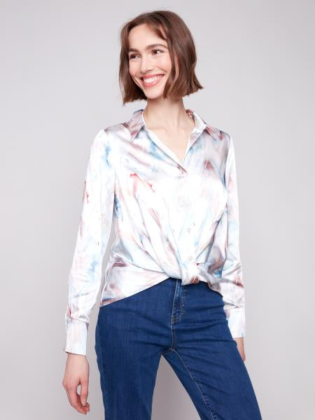 Printed Satin Button Down Top W/Twisted Front