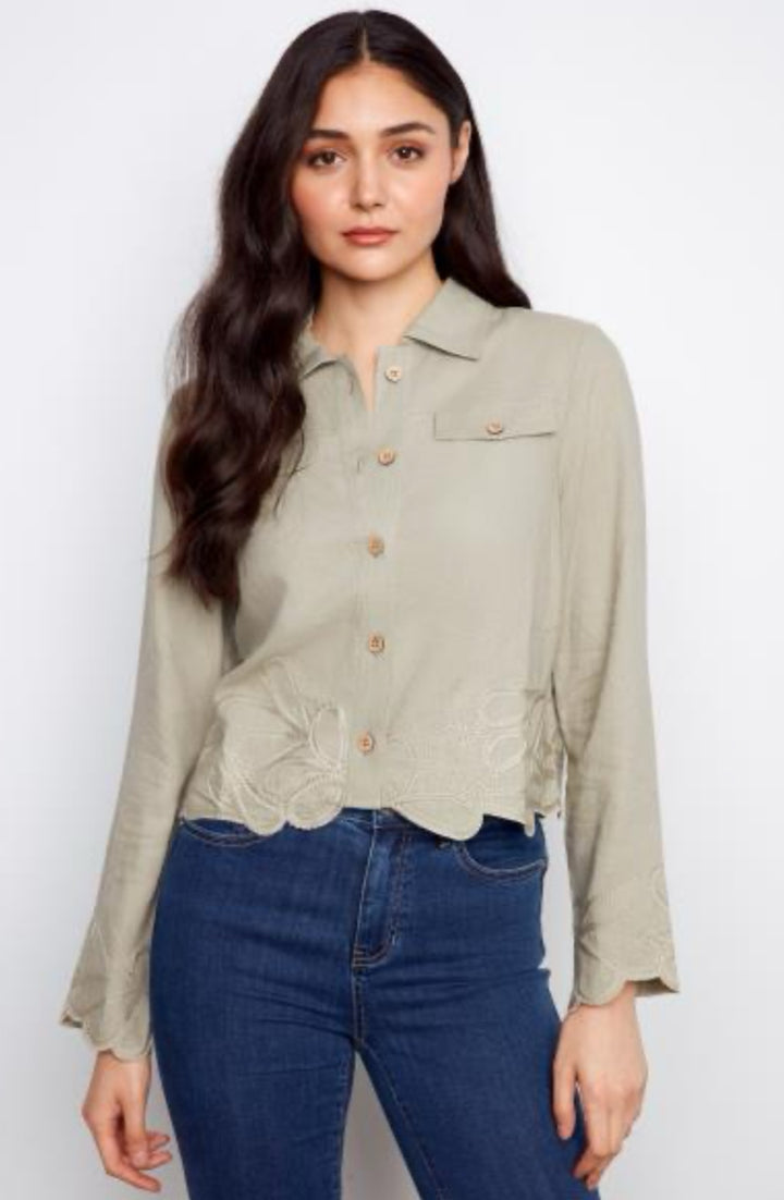 Linen Jacket W/Embroidered Hem