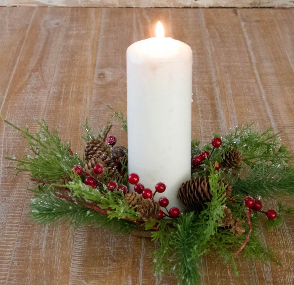Iced Evergreen, Red Berries & Pinecone Candle Ring