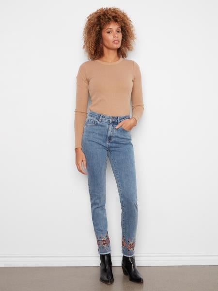 Hem Embroidered Slim Leg Stretch Pant