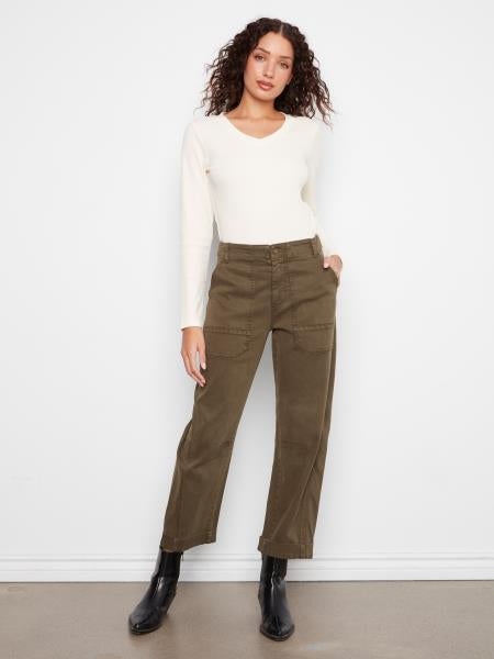 Twill Barrel Leg Pants W/Patch Pockets