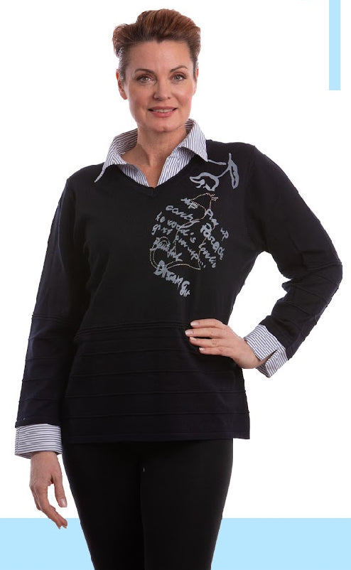 Navy Long Sleeve Fooler Top W/Writing