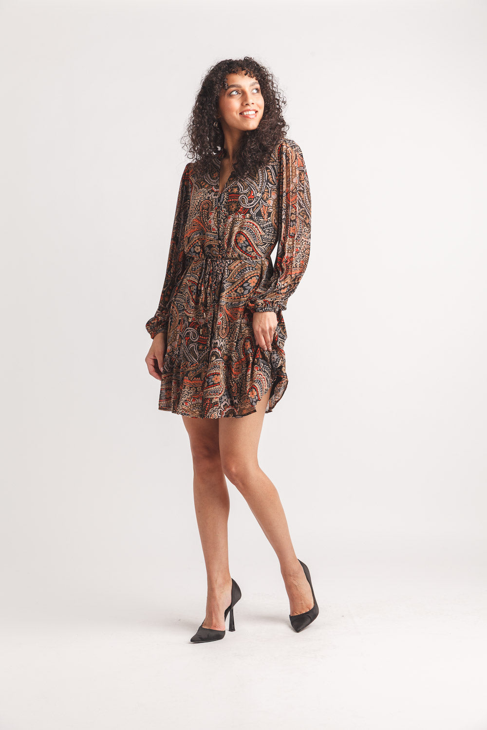 Paisley Long Sleeve Dress W/Ruffles