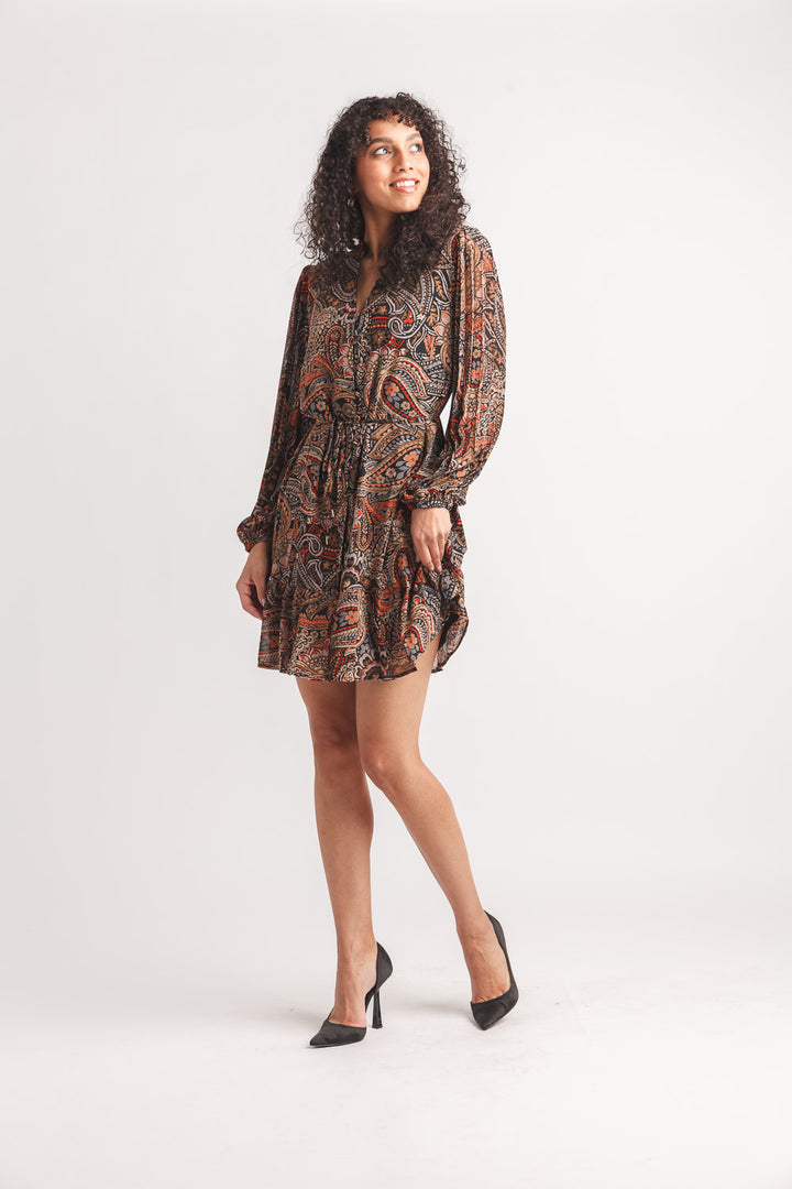 Paisley Long Sleeve Dress W/Ruffles