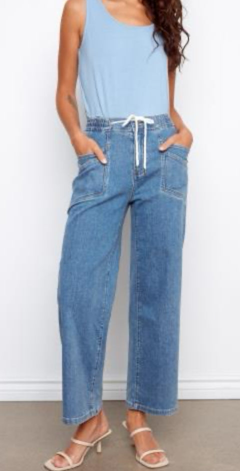 Drawstring Wide Leg Denim Pant W/Patch Pockets
