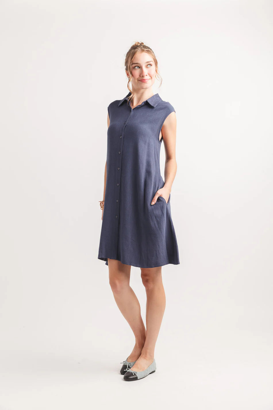 Linen Blend Collared Sleeveless Dress