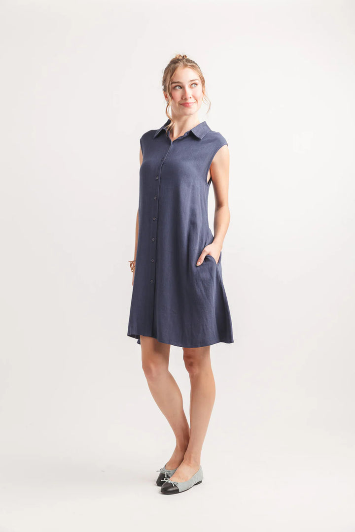 Linen Blend Collared Sleeveless Dress