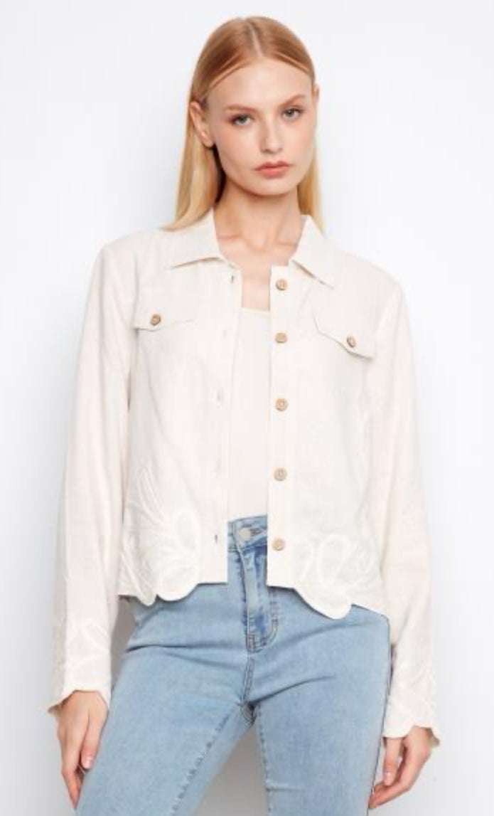 Linen Jacket W/Embroidered Hem