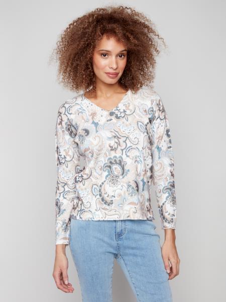 Printed Plush Knit V-Neck Sweater