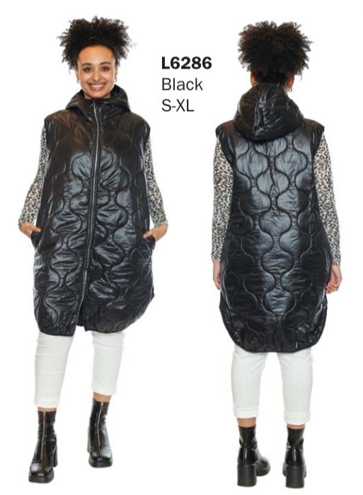 Long Zip Up Puffer Vest W/Hood