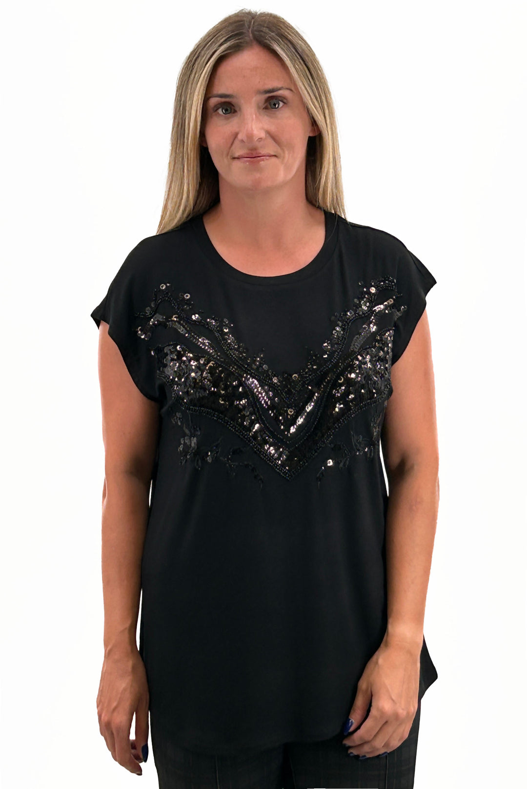 Black Cut Off Sleeve Sparkle Top