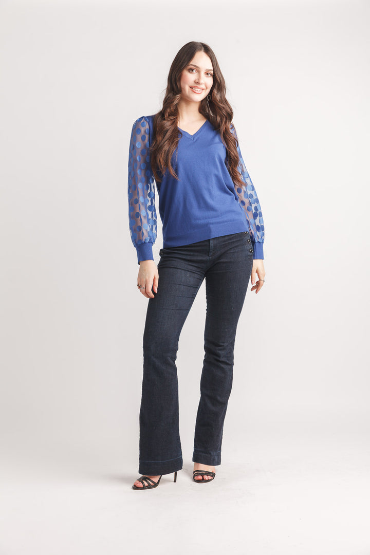 V-Neck W/Mesh Polka Dot Sleeve Top