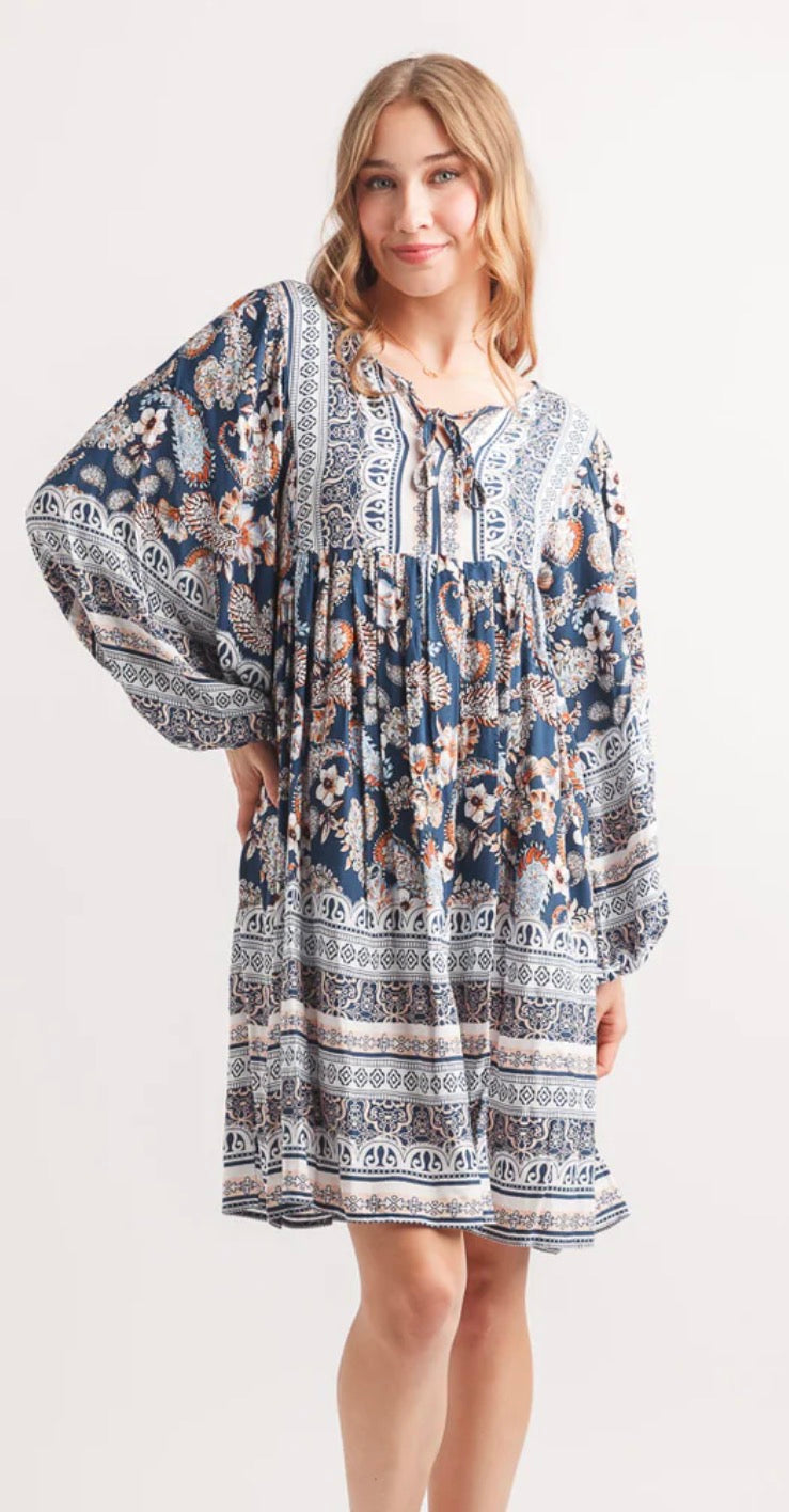 Paisley Border Print Balloon Sleeve Dress