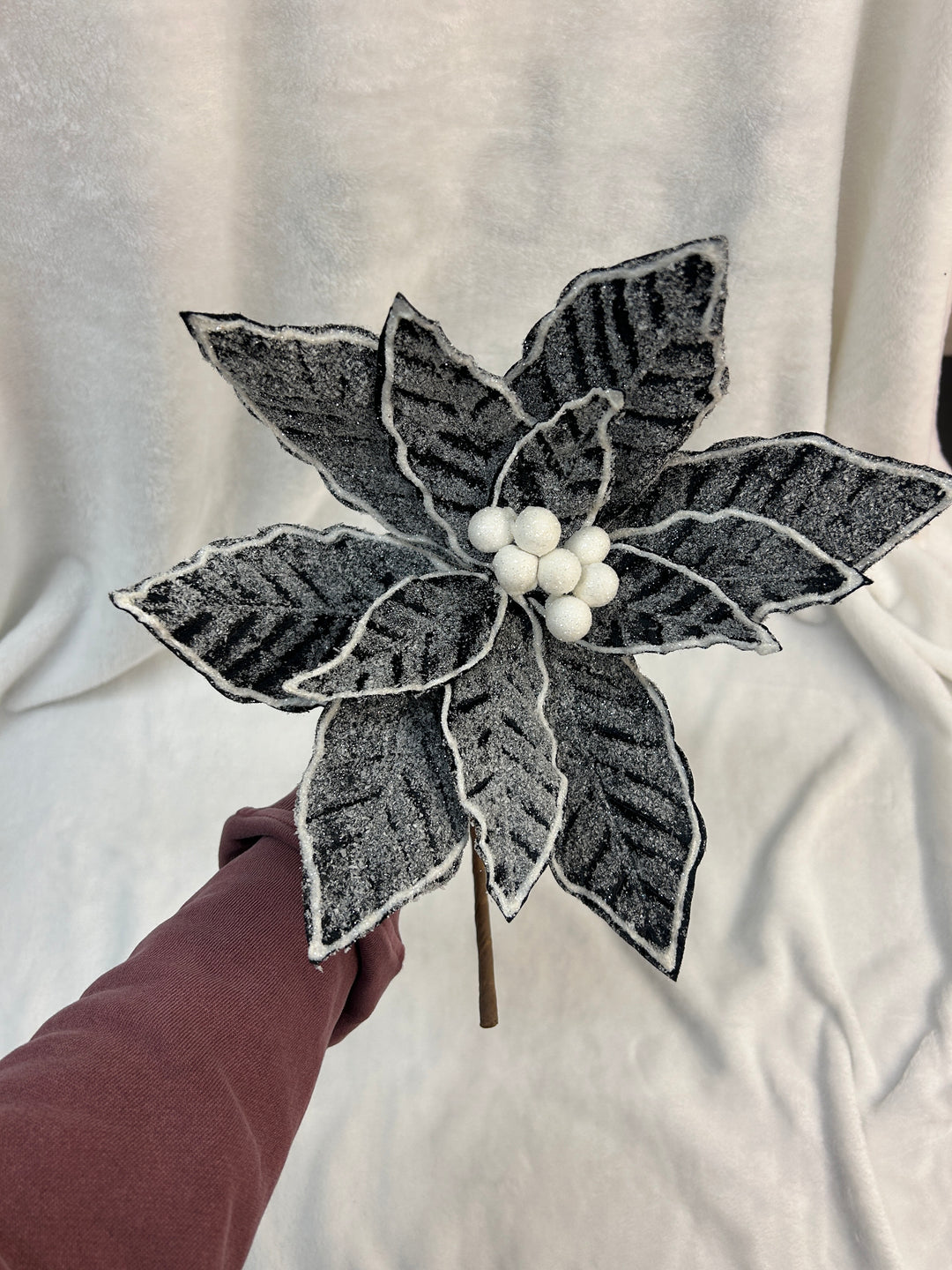 22” Grey & Black Frosted Velvet Poinsettia