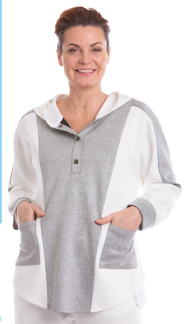 Grey/White Hooded Cozy Top W/Button Details