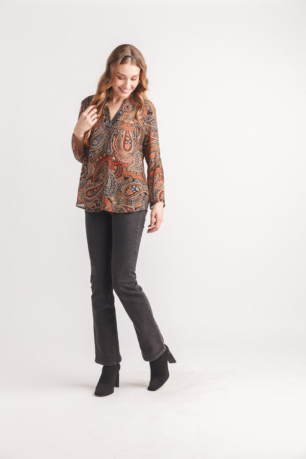Brown Paisley Tab Sleeve Blouse