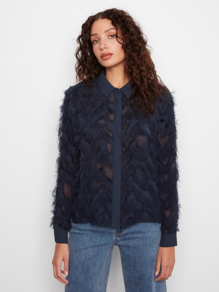 Fringe Chiffon Blouse W/Button Front