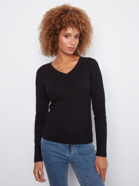 Ribbed VNeck Long Sleeve Top