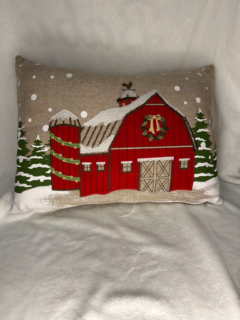 Red Barn Christmas Pillow