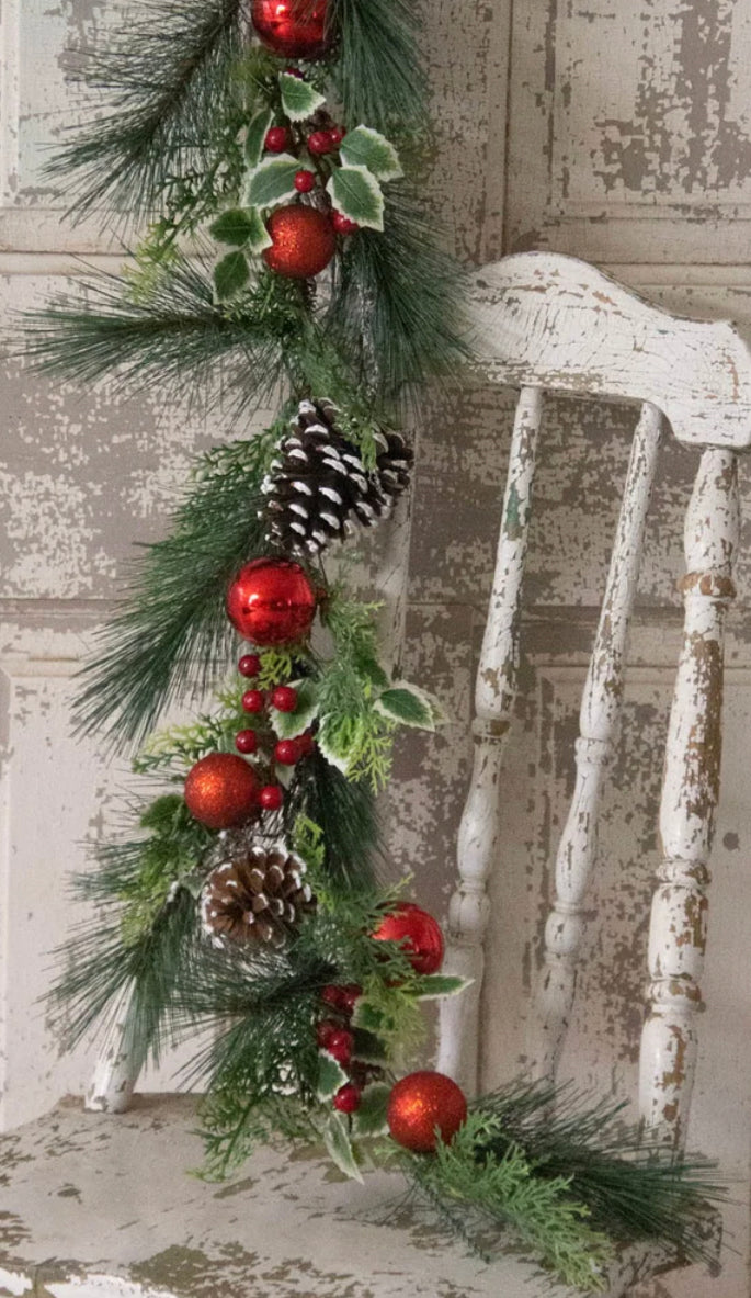White Pine W/ Red Ornament Garland